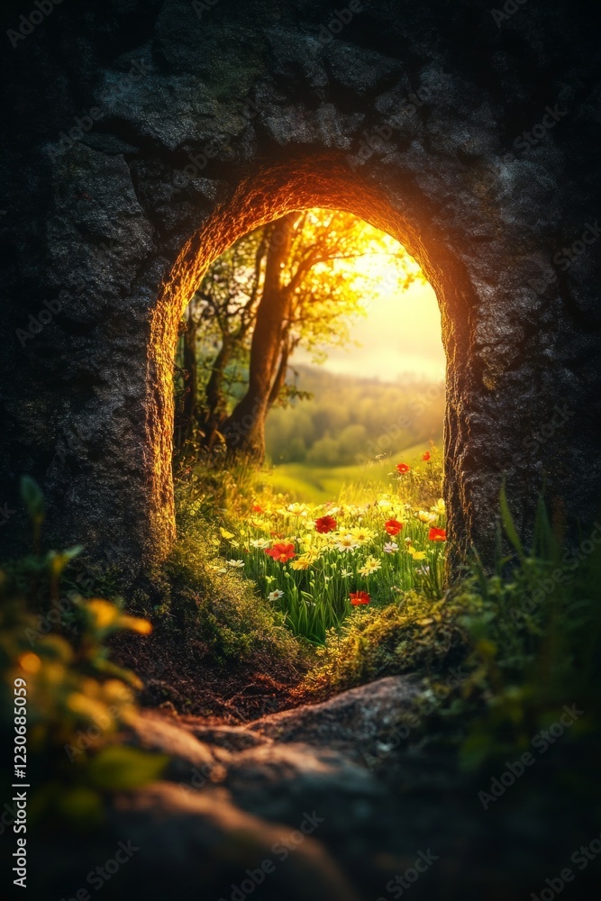 Obraz premium Secret Garden: A Sunlit Meadow Through Ancient Stone