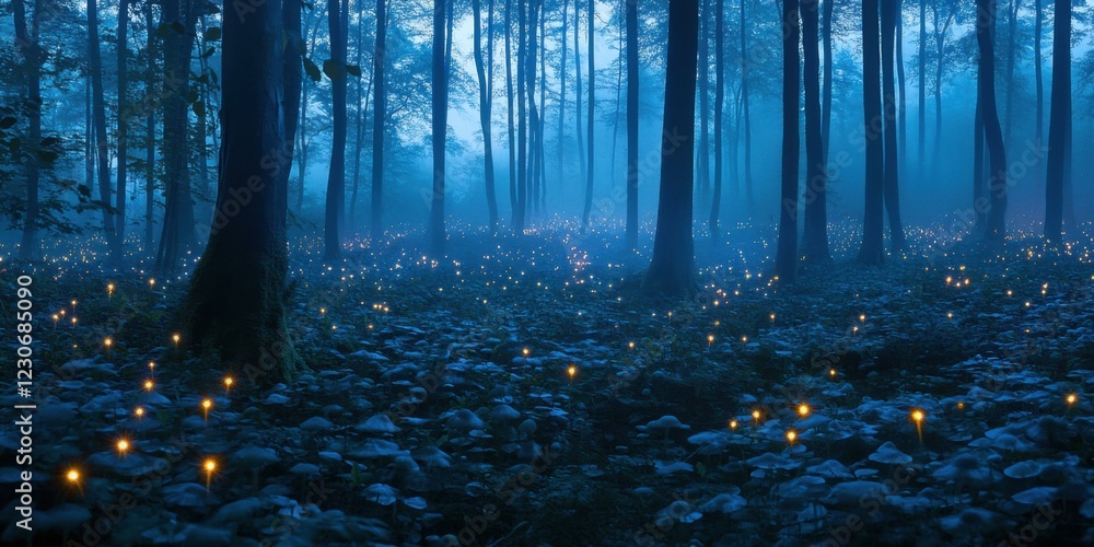Fototapeta premium Mysterious forest scene illuminated by glowing mushrooms, ideal for fantasy themes, nature promotions, or seasonal decorations.