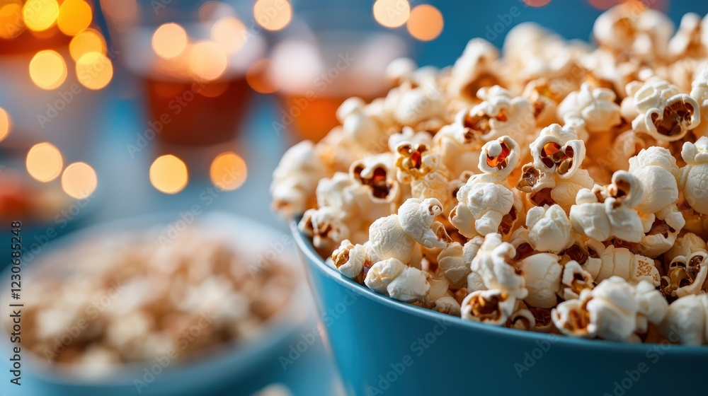 A close view of a generous bowl of popcorn, overflowing in a cozy environment, surrounded by soft bokeh lights, setting a warm and inviting mood for social gatherings. A close view of a generous bowl of popcorn, overflowing in a cozy environment, surrounded by soft bokeh lights, setting a warm and inviting mood for social gatherings.