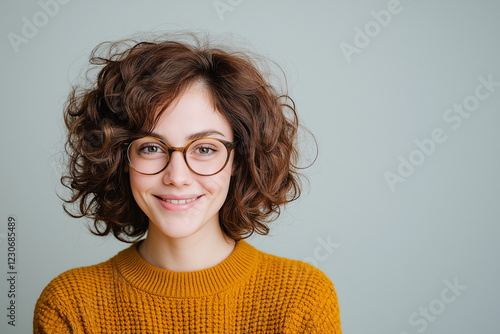 Lächelnde Frau mit Brille in modernem, gemütlichem Pullover

 photo