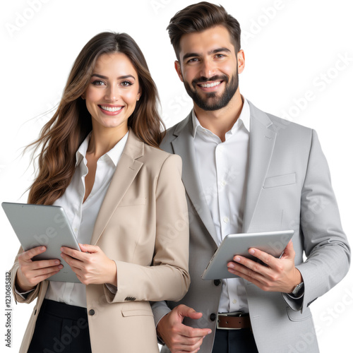 Confident Business Team Holding Tablets on Transparent Background, PNG format photo