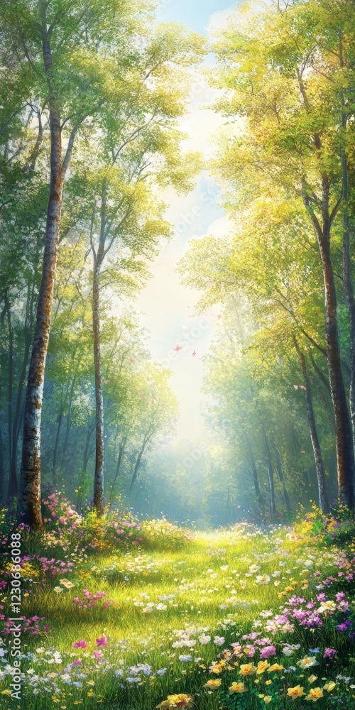 Naklejka premium Sunlit Forest Path, Vibrant Spring Flowers