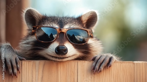 A charming raccoon perched on a wooden fence wearing dark sunglasses, inviting viewers to enjoy the serenity of nature and the joy of a sunny day outdoors. photo