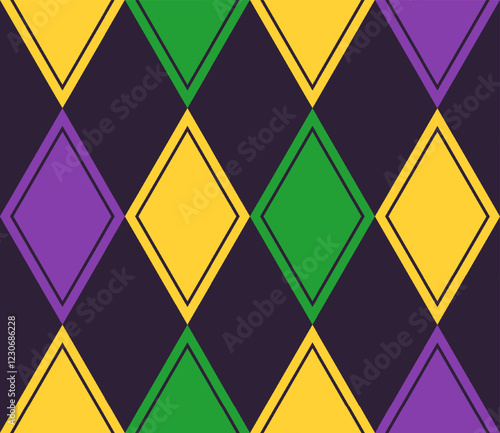 Geometric Mardi Gras pattern with Harlequin ornament. Diagonal rhombus grid. Flat simple style. Vintage style.
