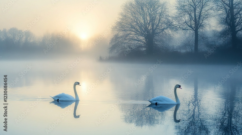 Swans glide on lake, surrounded by trees beneath foggy sky Swans glide on lake, surrounded by trees beneath foggy sky