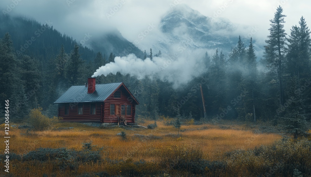 Cozy log cabin nestled in a misty mountain valley, smoke curling from chimney. Cozy log cabin nestled in a misty mountain valley, smoke curling from chimney.