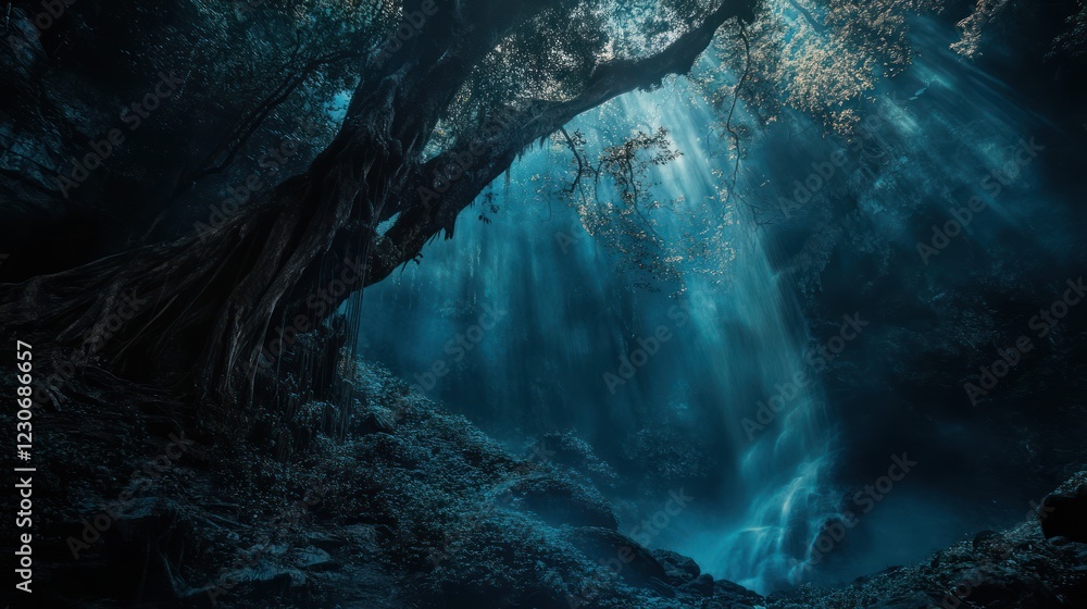 Obraz premium Mystical forest waterfall, sunbeams, roots, nature background, fantasy art