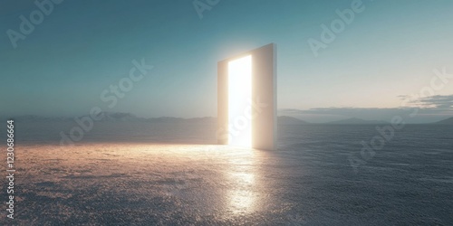 Surreal image of a glowing door in a vast landscape, symbolizing new beginnings and opportunities. Suitable for inspirational and motivational themes. photo