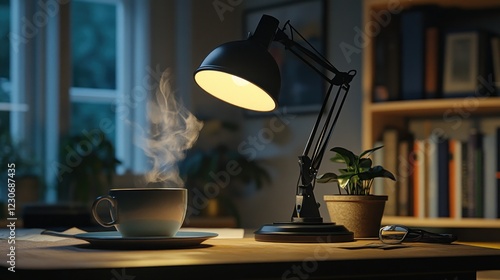 Steaming Coffee Cup Beside Illuminated Desk Lamp