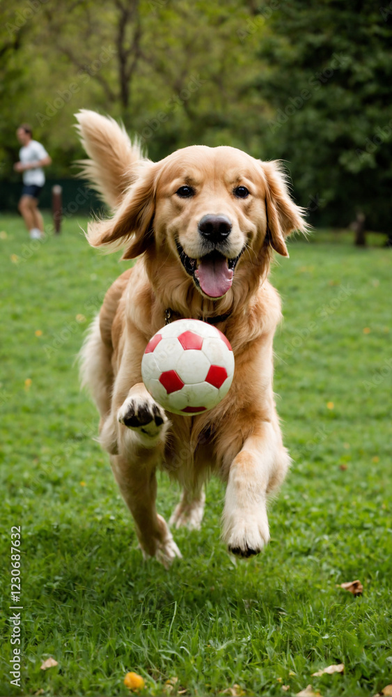 Golden Retriever Dog Playing With A Soccer Ball Golden Retriever Dog Playing With A Soccer Ball