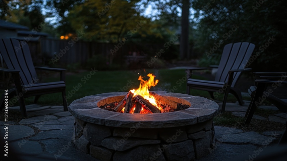 Backyard Fire Pit With Burning Wood And Chairs Backyard Fire Pit With Burning Wood And Chairs