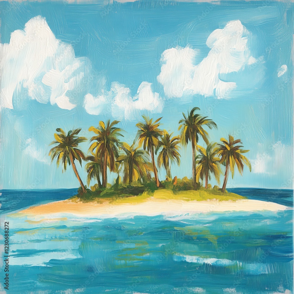 Fototapeta premium A vibrant oil painting of a tropical island with palm trees surrounded by turquoise waters and a clear blue sky.