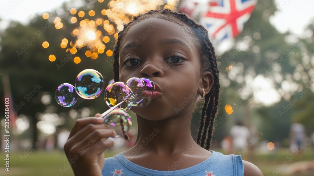 Young Girl Blowing Bubbles Outdoors With Fireworks In Background Young Girl Blowing Bubbles Outdoors With Fireworks In Background