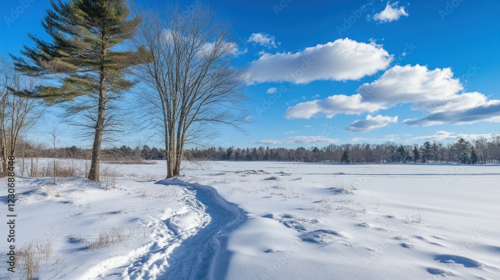 Winter Wonderland Path Through Snowy Field And Trees Winter Wonderland Path Through Snowy Field And Trees