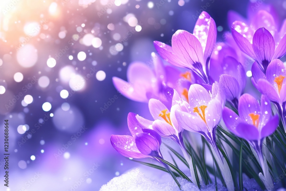 Naklejka premium Delicate purple crocuses bloom through melting snow under soft sunlight with frosty sparkles in a serene and refreshing landscape