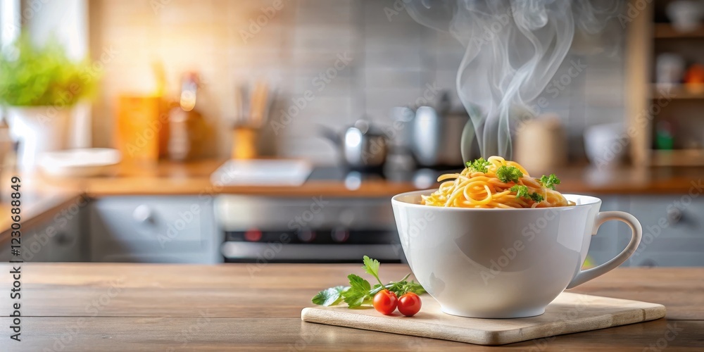 custom made wallpaper toronto digitalSteaming hot cup of instant noodles in a modern kitchen, with a blurred background to emphasize the food , food, tableware