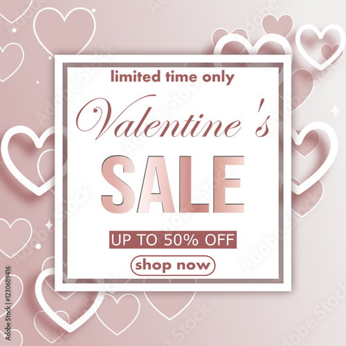 Valentine's Day sale, template discount banner design with glow hearts on a gradient backdrop to promote purchases in the 14 feb. modern vector illustration for poster, flyer, social media, background