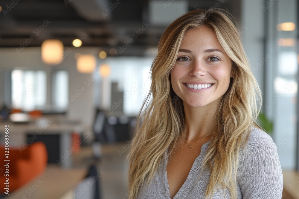 Young woman smiling in a modern office space during the day while enjoying a moment of happiness and professionalism Young woman smiling in a modern office space during the day while enjoying a moment of happiness and professionalism