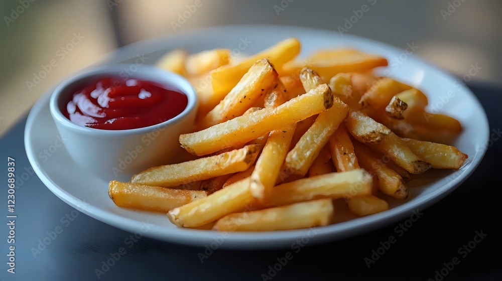 A plate of french fries with a ketchup bottle on the side A plate of french fries with a ketchup bottle on the side