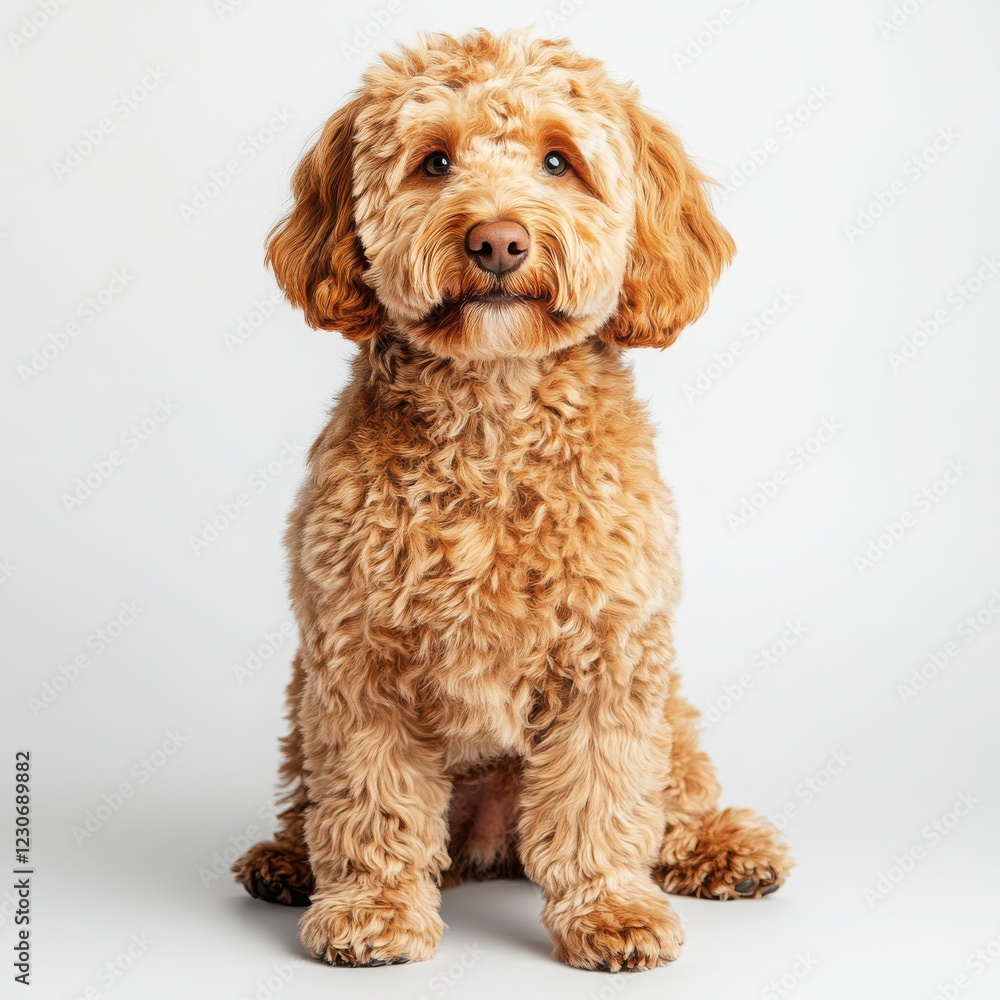 An ultra-realistic, full-body photograph of a golden doodle dog sitting against a white background An ultra-realistic, full-body photograph of a golden doodle dog sitting against a white background