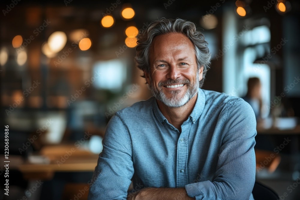 Joyful man smiling in a modern cafe setting with warm lighting, enjoying a relaxing moment in the afternoon Joyful man smiling in a modern cafe setting with warm lighting, enjoying a relaxing moment in the afternoon