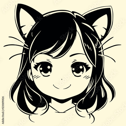 kawaii, anime, catgirl, neko, chibi, manga, view, minimalist, line art, black and white, cute, adorable, feline, anime girl, manga girl, neko girl, stylized, high contrast, japanese style, simple draw