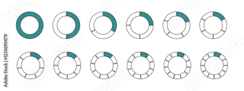 Pie chart set. Circle division infographic isolated. Infographic wheel segment and fraction PNG