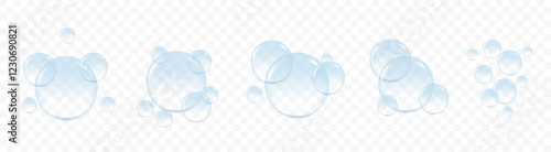 Water 3d cell. Blue collagen serum bubbles. Realistic translucent water drop set with shadows isolated. Hyaluronic acid, cosmetic gel, moisturizing essence template.