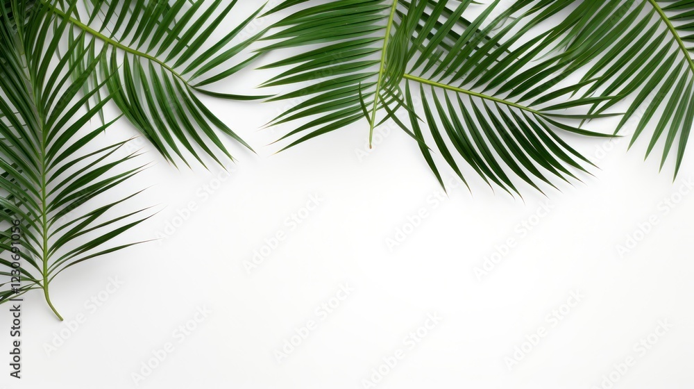 Fototapeta premium Tropical palm leaves on white background. Flat lay, top view