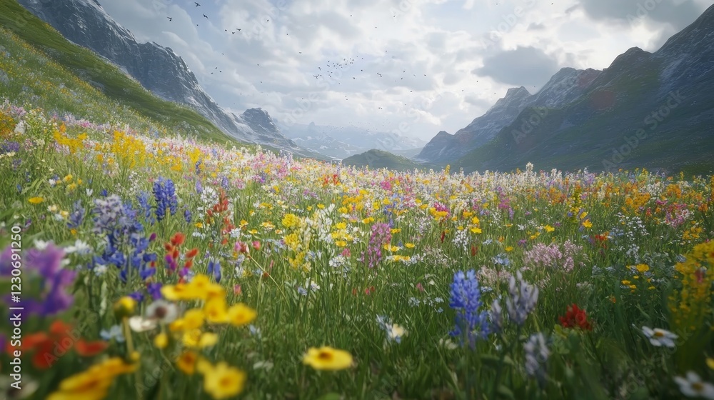 Εκτύπωση καμβά A field of wildflowers with a mountain in the background