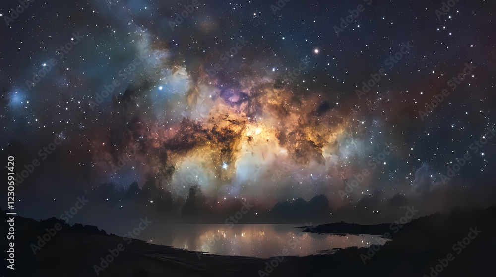 Fototapeta premium Landscape of the milky way galaxy with the lagoon nebula and galaxy in the background, milky way, lagoon nebula. Celestial Lagoon. Illustration