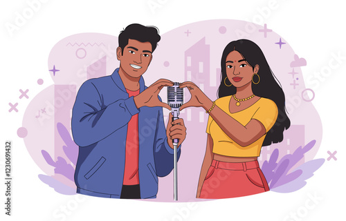 Indian couple of singers doing heart shape with hands. I-pop concept, minimalist colorful vector