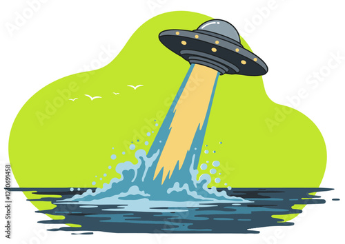 Unidentified aerial phenomenon shooting laser beam in the sea. Minimalist flat design vector