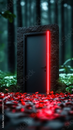 Mysterious door illuminated in red light stands alone in a lush green forest surrounded by vibrant foliage