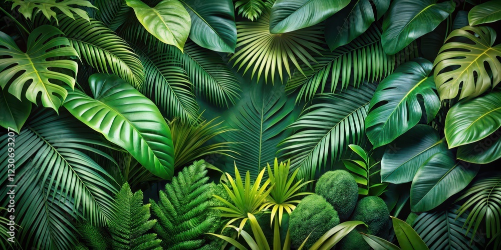 Fototapeta premium Exotic foliage backdrop with lush tropical green leaves arranged in a natural composition, jungle, exotic, jungle, exotic, nature