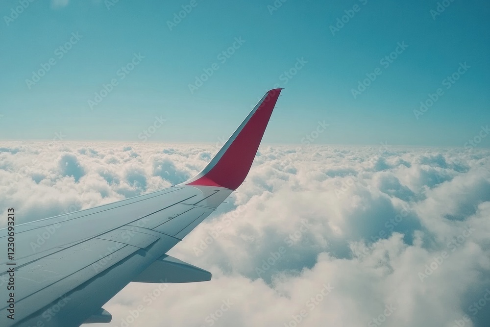 View of airplane wing above fluffy clouds under bright blue sky during a sunny flight. Generative AI View of airplane wing above fluffy clouds under bright blue sky during a sunny flight. Generative AI