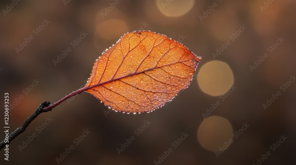 Dewdrops adorn a single autumn leaf on a branch Dewdrops adorn a single autumn leaf on a branch