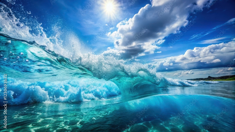 Naklejka premium Water Splashing in Clear Blue Ocean Waves , underwater scenery