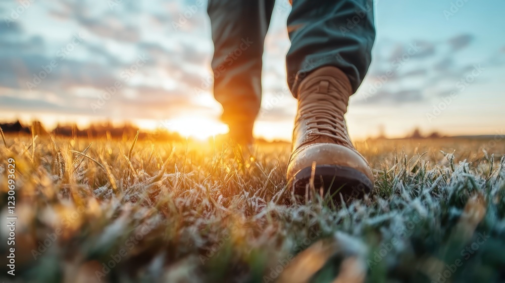 A close-up shot of a boot stepping on frosty grass at sunrise, capturing the essence of adventure, nature, and the beauty of beginnings in a serene outdoor setting. A close-up shot of a boot stepping on frosty grass at sunrise, capturing the essence of adventure, nature, and the beauty of beginnings in a serene outdoor setting.