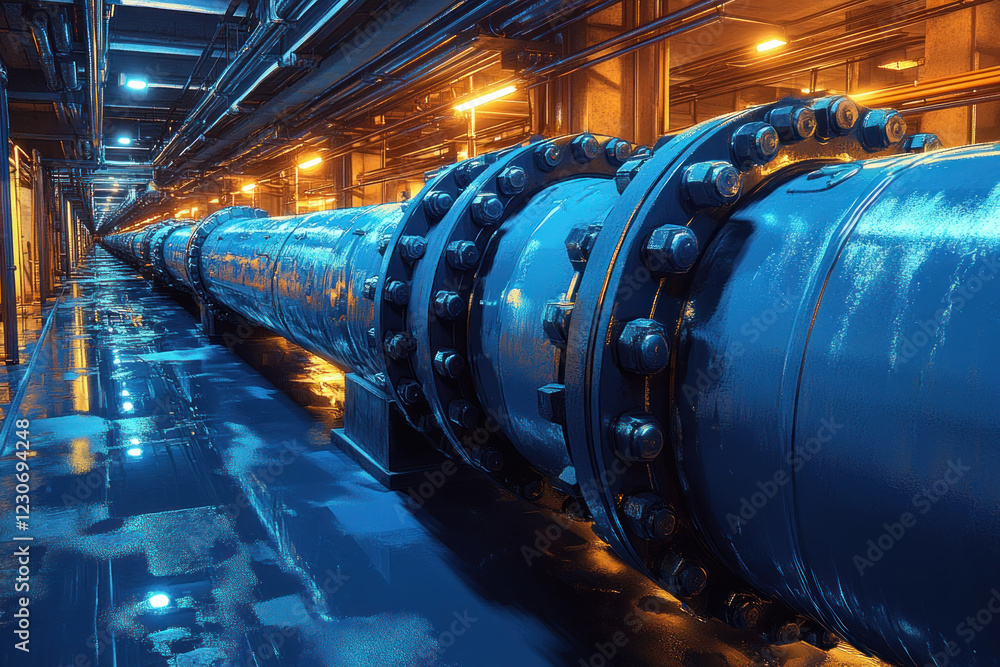 Fototapeta premium industrial pipeline in a process tunnel or factory. A huge metal pipe, held together by massive bolted connections, stretches into the distance, creating a sense of depth and perspective. 