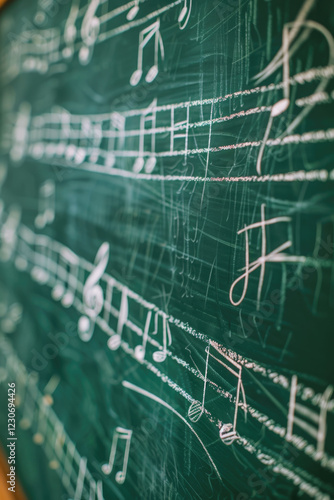 Green chalkboard filled with musical notes and staff lines