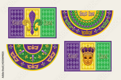 Set of Mardi Gras banners, flags, bunting with masks, harlequin ornament, beads, Fleur de Lis symbol, text, holiday caption. Traditional holiday colors. Vintage style