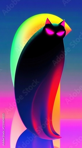  Black cat with glowing eyes on purple-green circle against pink-blue background