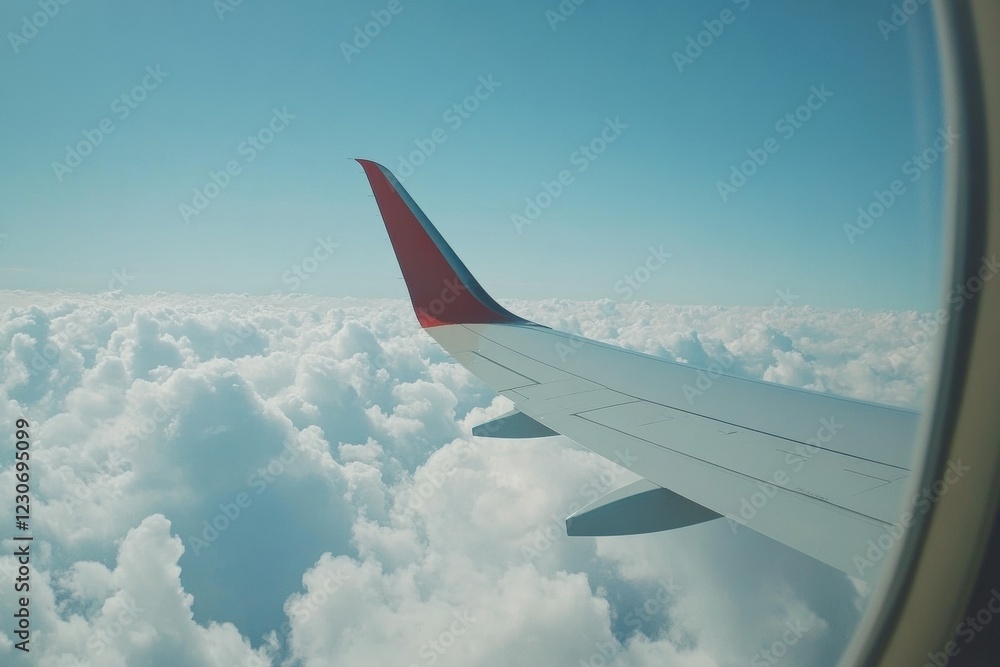 Fototapeta premium Experience the serenity of flying above fluffy clouds with a view through the airplane window. Generative AI