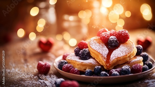 Fresh berries and syrup atop heart-shaped pancakes photo