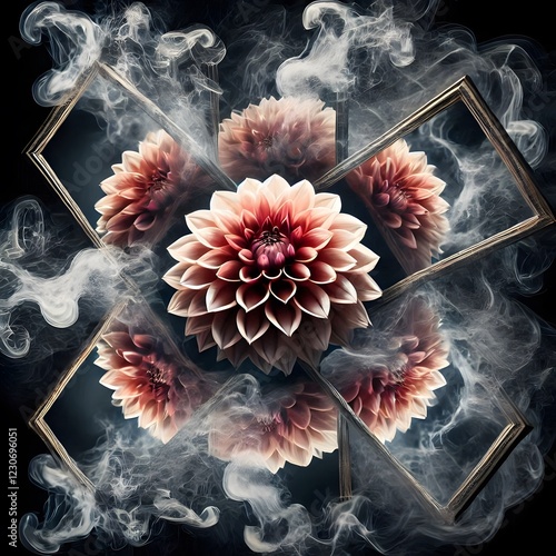 Dahlia Reflection with Smoke and  Mirrors - a dahlia surrounded by swirling smoke, with mirrors reflecting the flower from multiple angles.