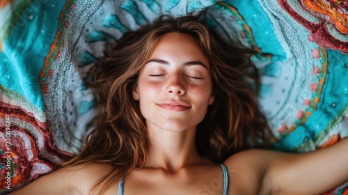 A young woman lies peacefully on vibrant textile patterns, eyes closed, embodying calmness and joy, surrounded by colorful swirls that enhance the tranquil atmosphere of the image. photo