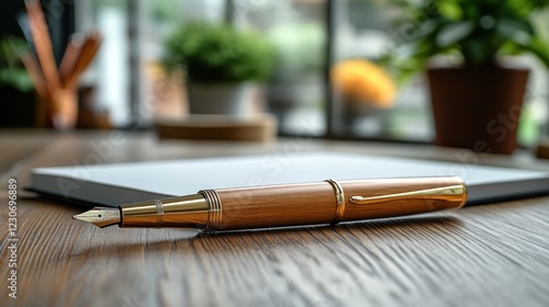 Elegant Wooden Fountain Pen Rests on Notebook photo