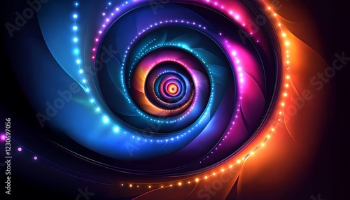 An abstract vector design of a spiral galaxy with neon lights creating a sense of dynamic motion under bright lighting