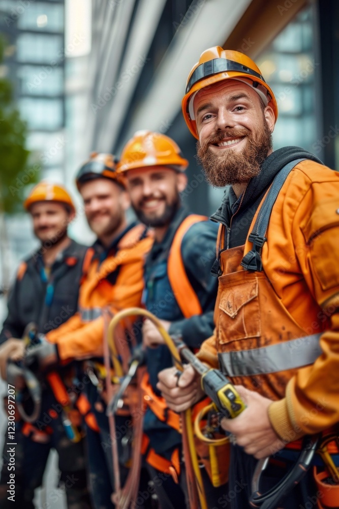 Team of construction workers smiling confidently on a job site.